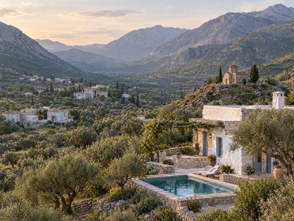 A village house in a green upland valley of olive groves with mountains and no sea