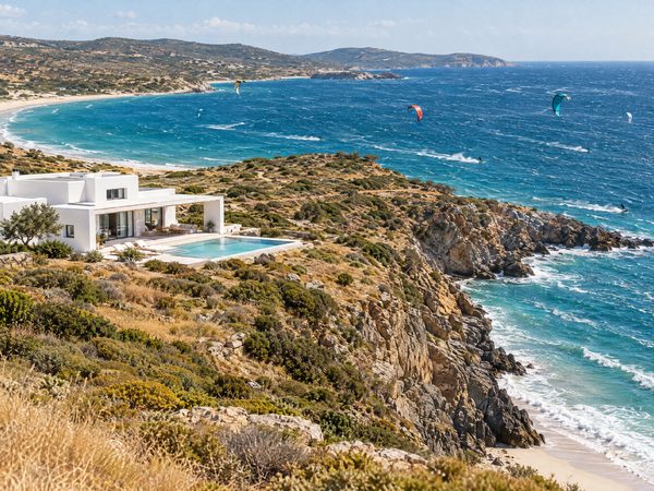 A villa above a rocky headland between two bays with kitesurfing sails out on the water