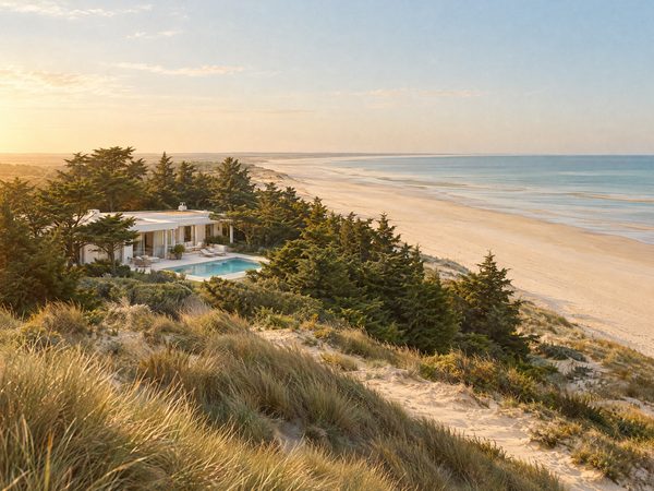 A low villa set back behind dunes and cedars on an enormously long empty beach