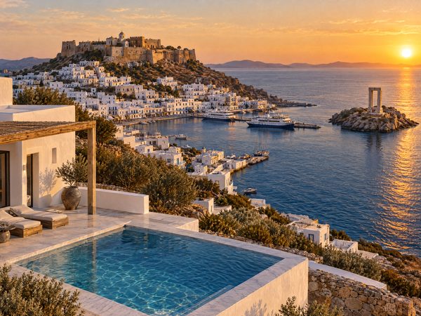 A villa above a Cycladic port town with a walled castle quarter and the marble Portara