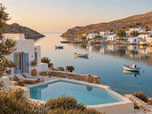 A small villa beside a flat calm cove and a tiny fishing village