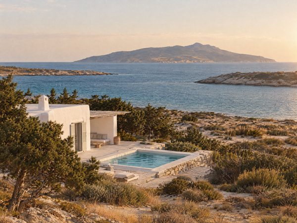 A very private low house on a flat scrubby shore across a narrow channel