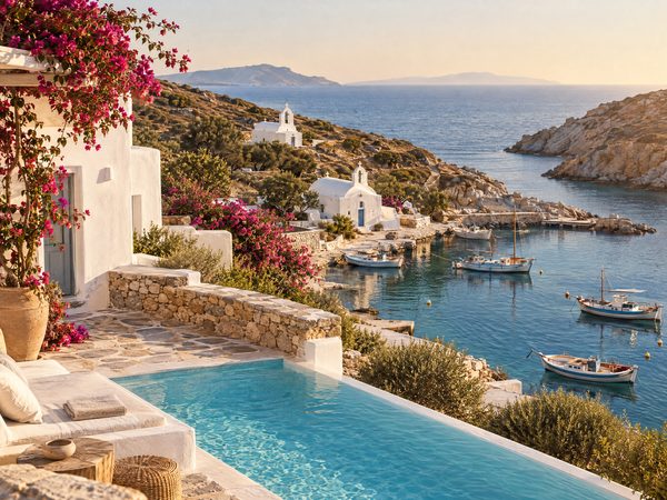 A villa and pool above a sheltered fishing harbour with white chapels and moored boats