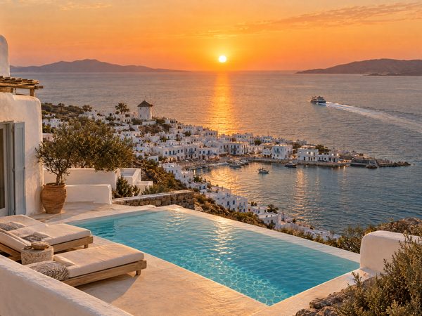 A villa on a ridge above a Cycladic port town at sunset