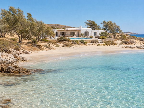 A low villa behind a wide shallow sandy bay with dunes and tamarisk trees