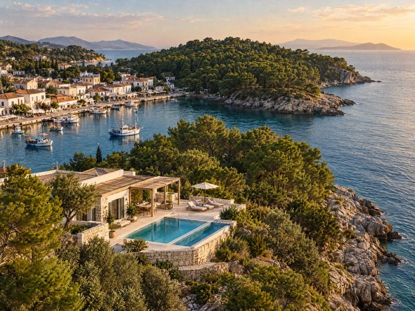 A villa on a wooded promontory with sea on both sides and a small working seaside town