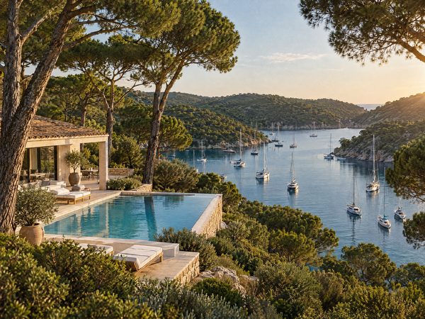 A villa among umbrella pines above an enclosed natural harbour full of moored yachts
