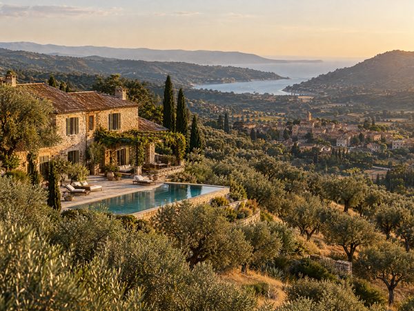 A stone country villa among silver olive groves on inland hills above a market town