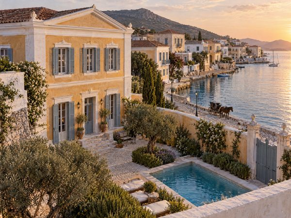 A neoclassical island mansion with a walled garden on a car-free waterfront