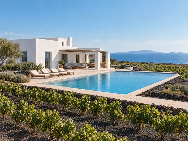 A modern villa with a full-size pool on flat volcanic ground above vineyards