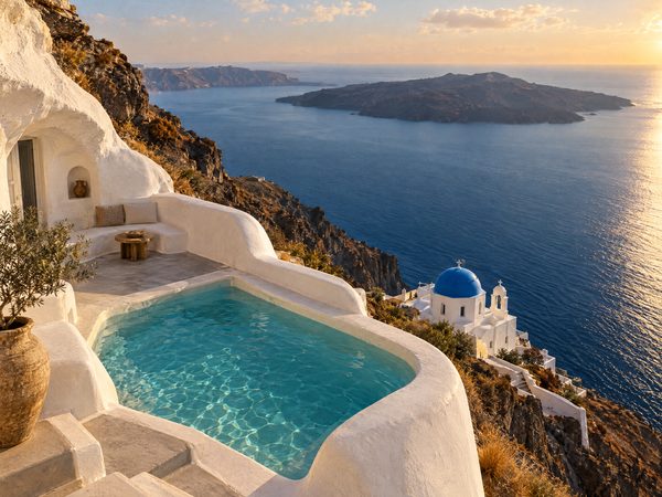 A cave-house terrace with a plunge pool carved into a cliff high above the caldera