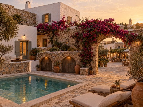 A stone village house with a courtyard pool and old barrel-vaulted cellar doors