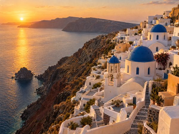Whitewashed houses and blue domes cascading down the tip of a volcanic cliff