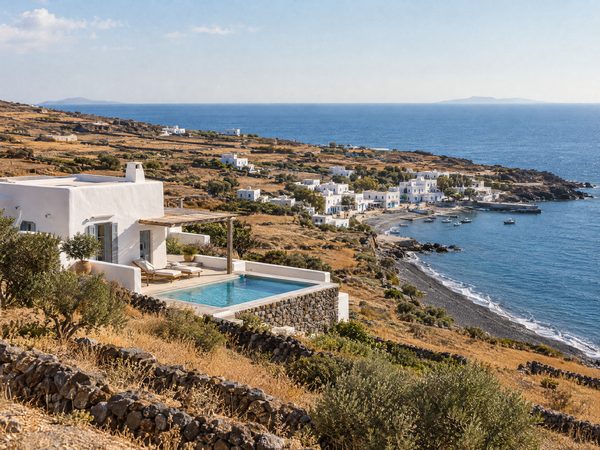 A simple island house with a pool on a gentle slope above a quiet pebble shore