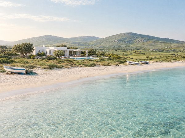 A low villa behind a quiet beach with very shallow calm turquoise water
