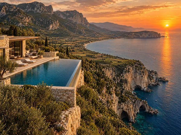 A villa with an infinity pool where farmland meets limestone cliffs above a wide bay