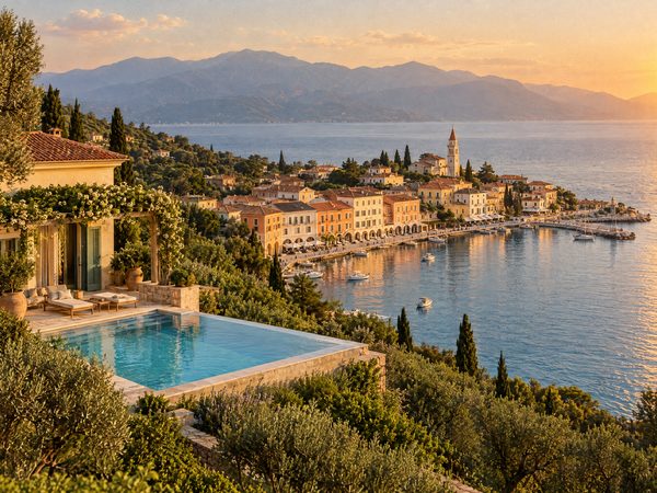 A villa on a hill above an arcaded Ionian harbour town with a bell tower