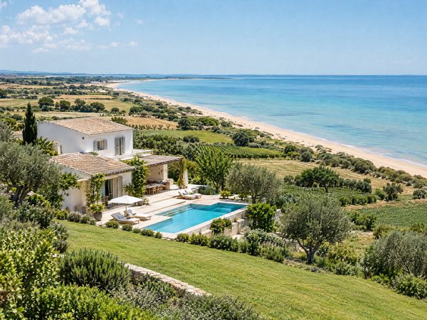 A family villa on a green slope back from a long sandy beach on a flat coast