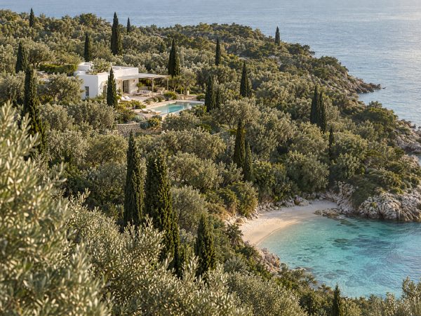 A villa among dense olive groves on a green peninsula above an empty turquoise cove