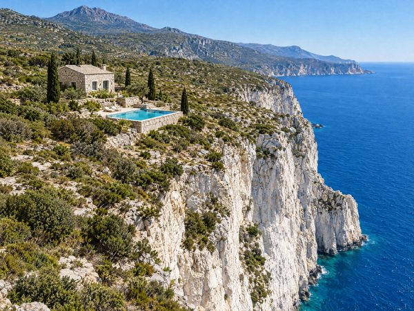 A small stone house high above enormous white sea cliffs with no beach below