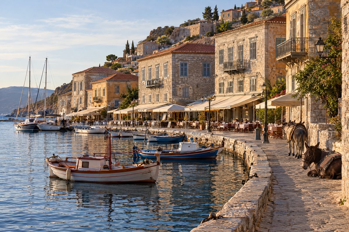 The stone quay at Hydra with captains' mansions behind, moored boats and donkeys resting against a wall